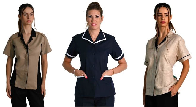 Cleaning and hygiene workwear set featuring housekeeping jackets and trousers.