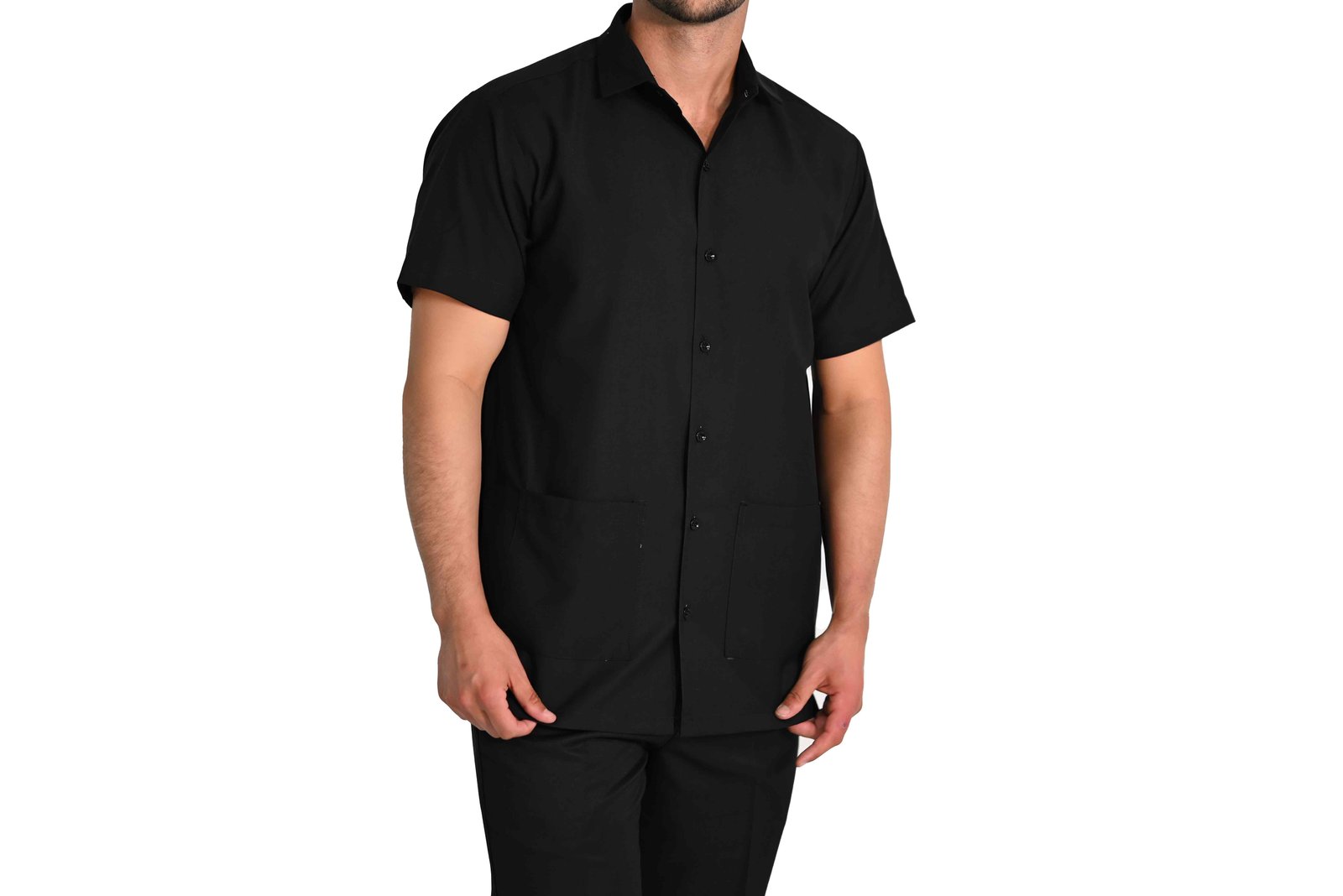 Detail of short-sleeve corporate work shirt suitable for business environments.