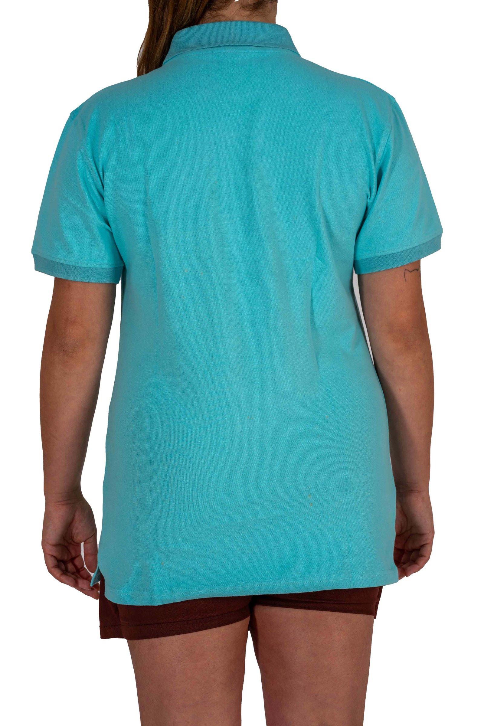 Close-up of the men’s 3-button polo showing collar and button placket, ideal for hotel and restaurant staff.