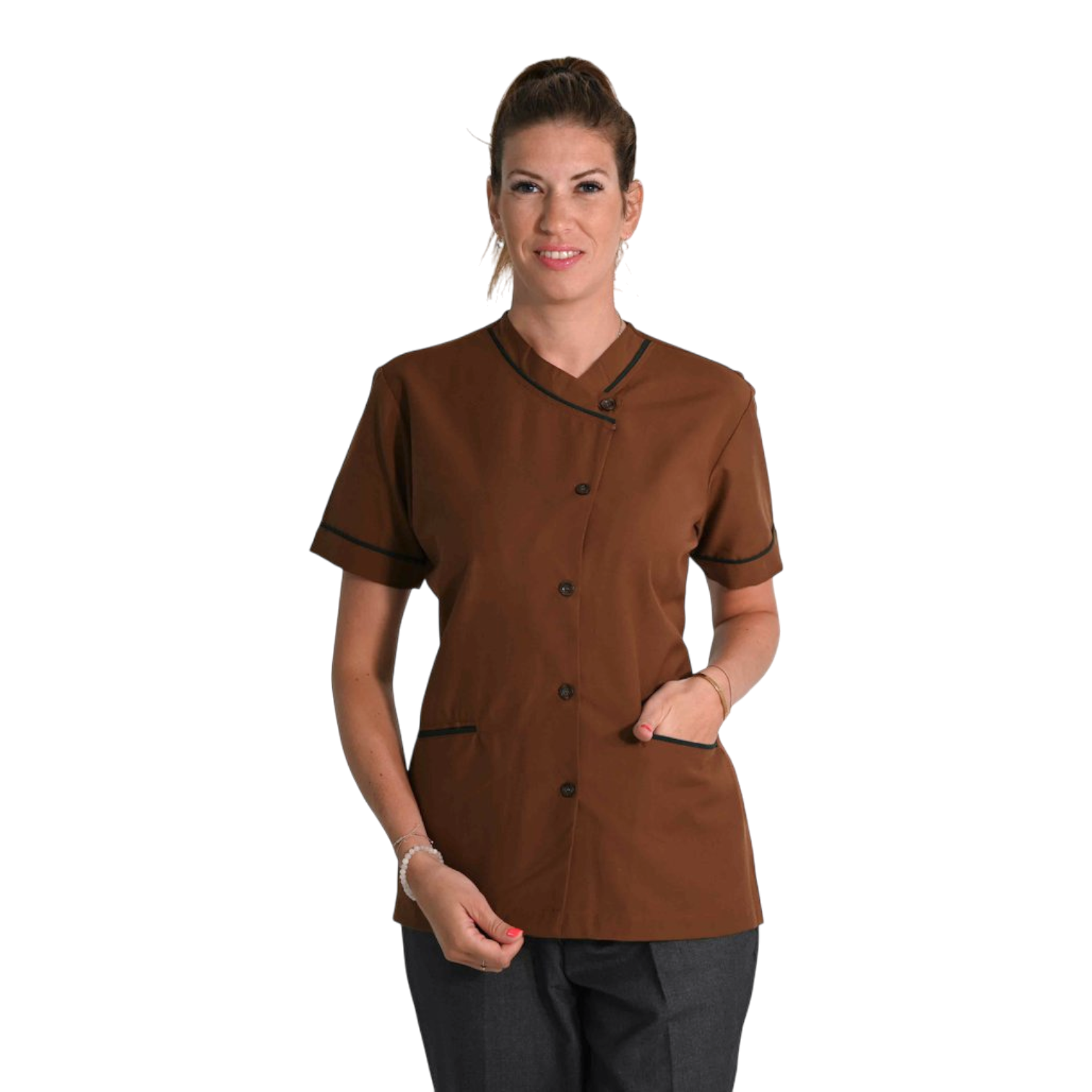 Camisa para mujer manga corta – cuello Mao.