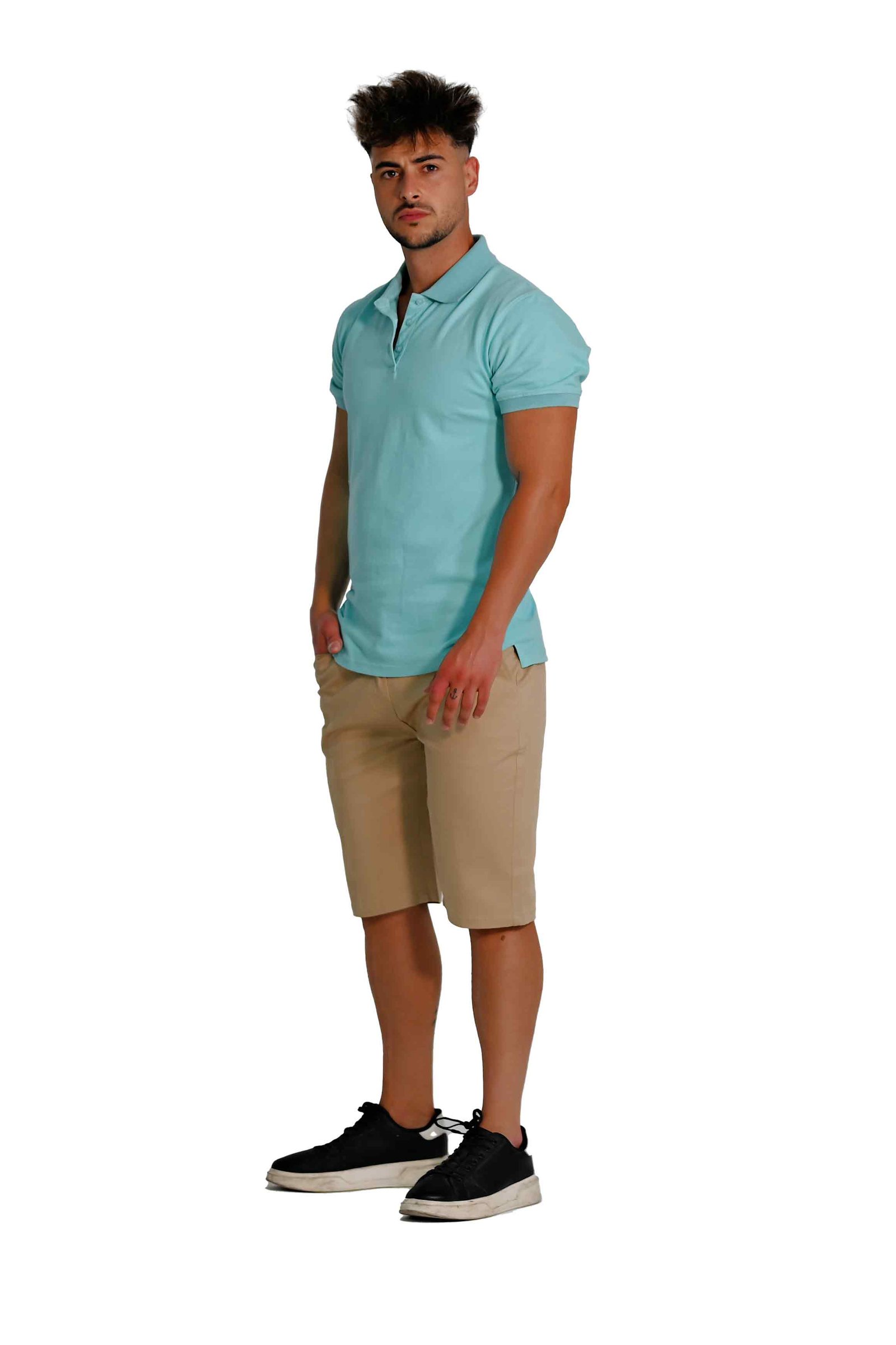 Man wearing a classic men’s 3-button polo in a clean professional style, suitable for hospitality uniforms and waitstaff.