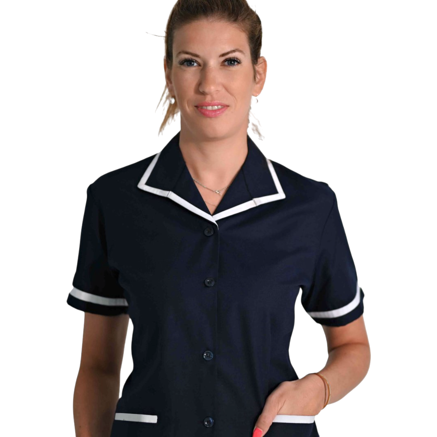 Camisa de trabajo manga corta mujer – cuello solapa.