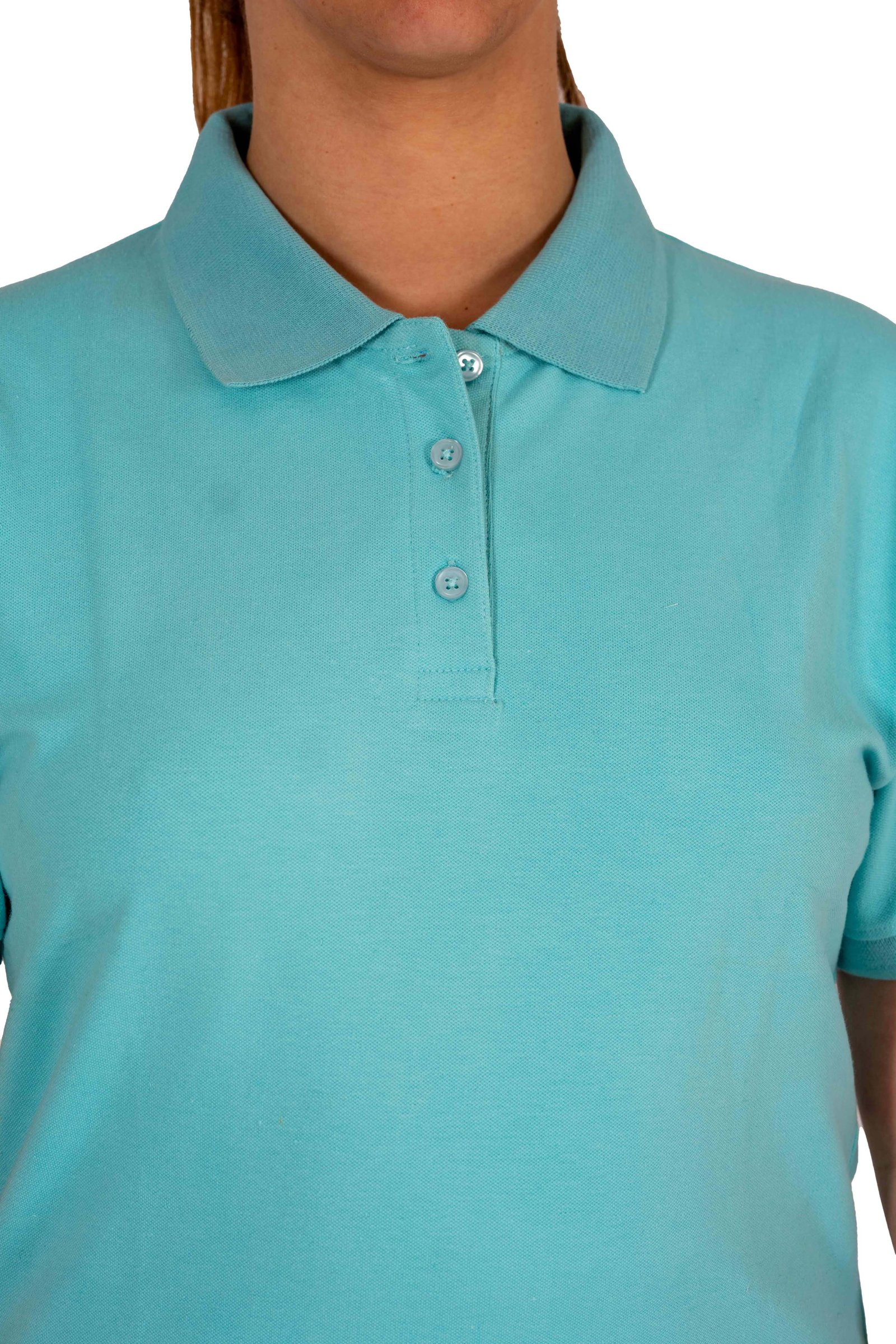 Close-up of the men’s 3-button polo showing collar and button placket, ideal for hotel and restaurant staff.