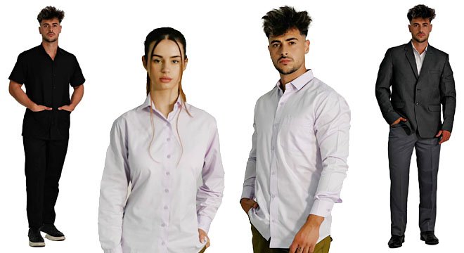 Corporate workwear selection including office shirts and professional apparel.