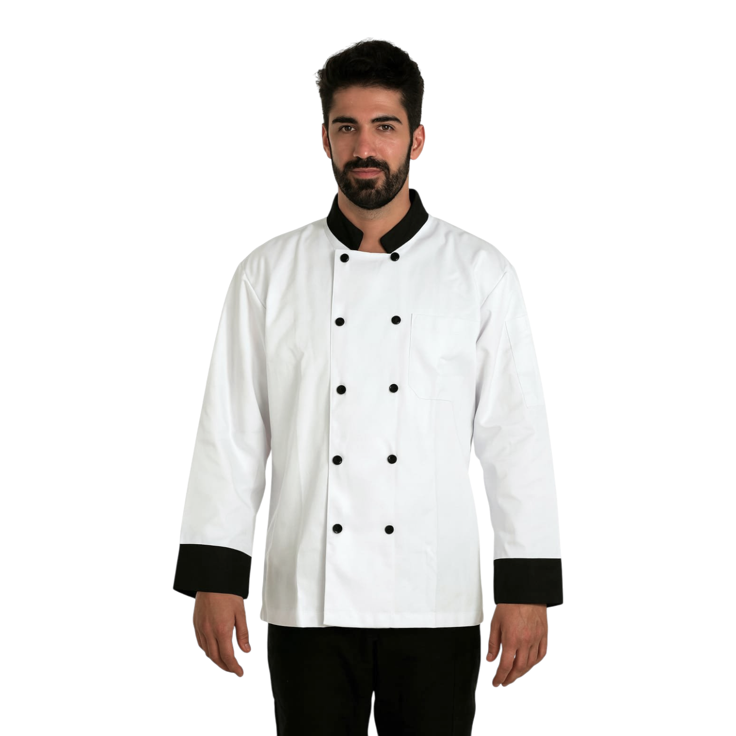Chaqueta de chef ligera para cocina y uniformes de hostelería, vista frontal profesional.