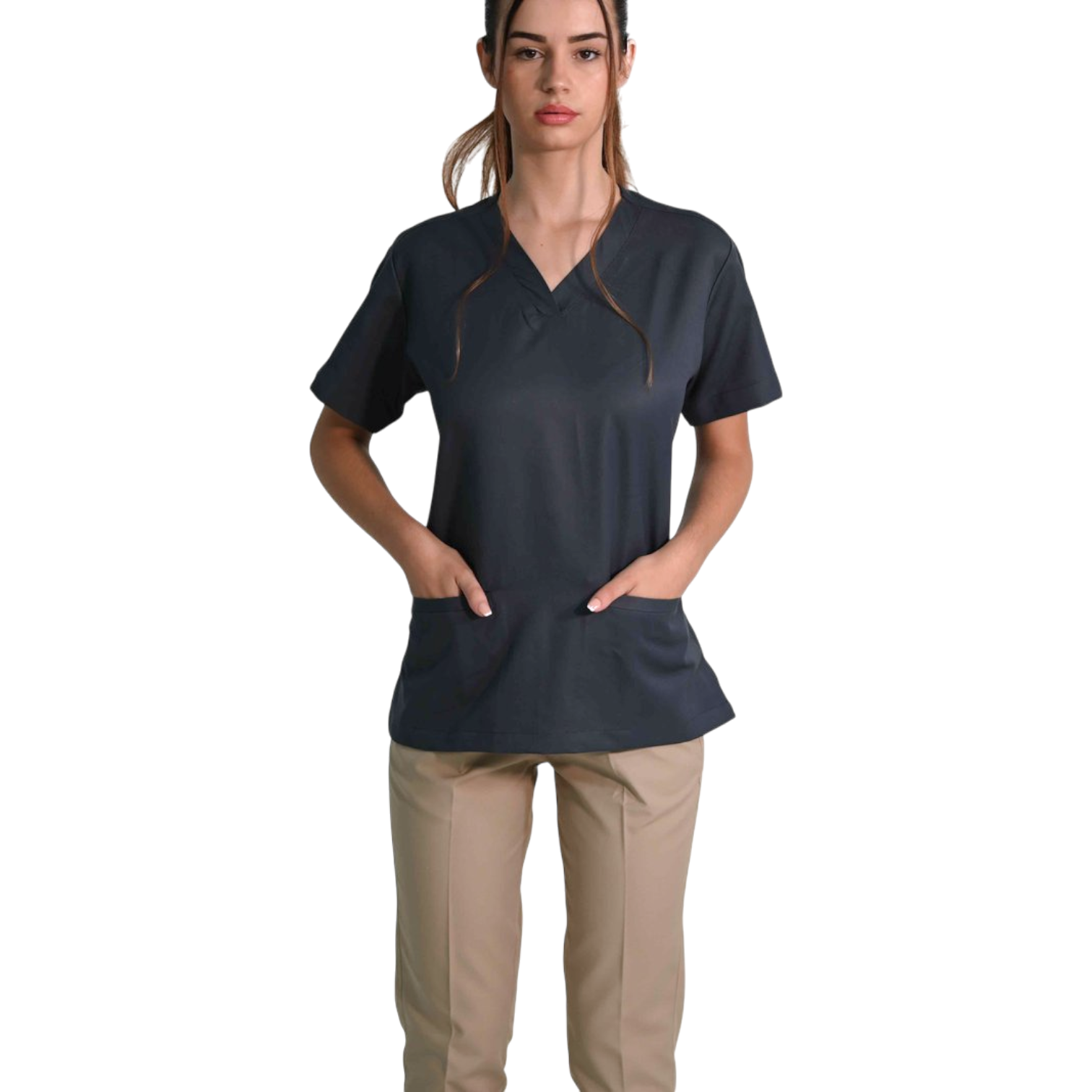 Conjunto de trabajo – camisa de manga corta con escote en V y pantalón.