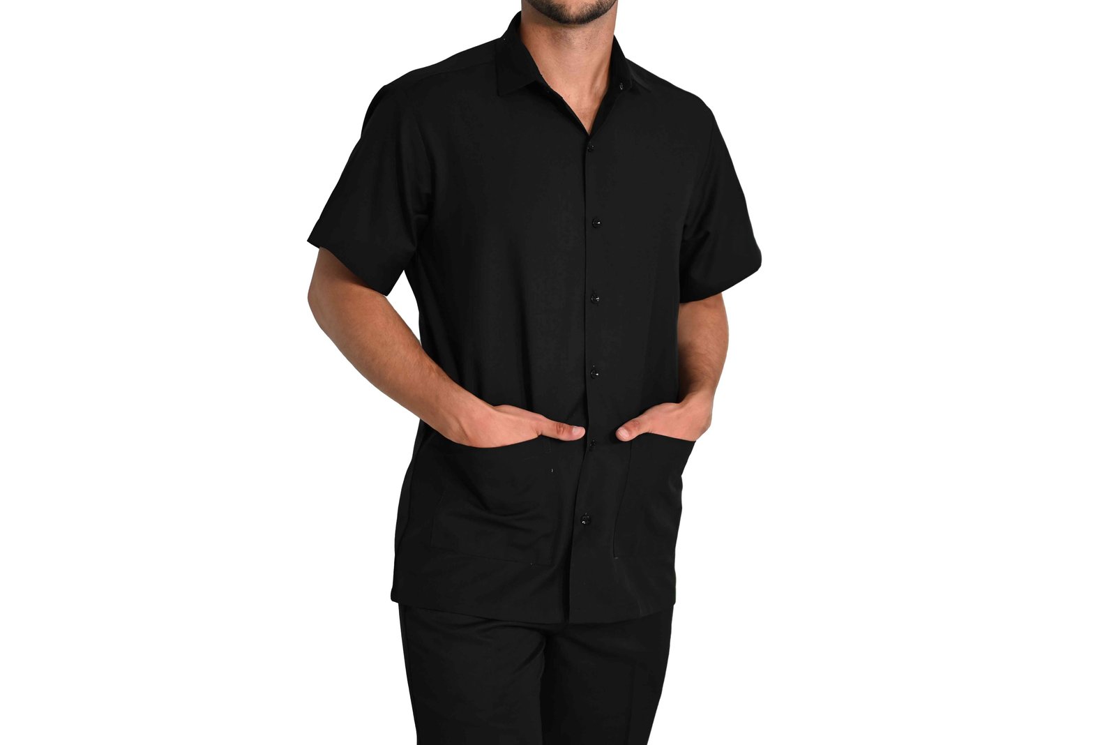 Detail of short-sleeve corporate work shirt suitable for business environments.