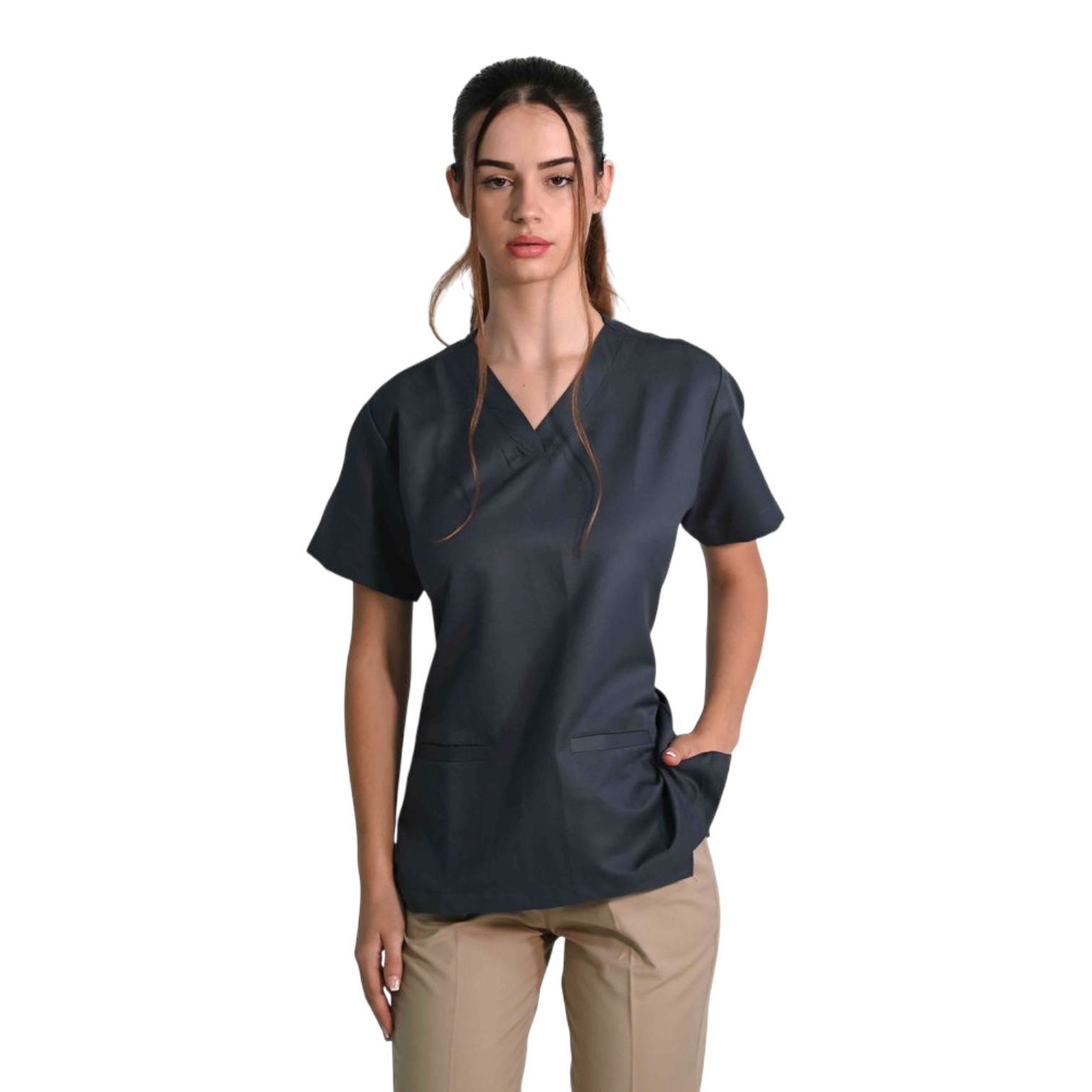 Conjunto de trabajo – camisa de manga corta con escote en V y pantalón.