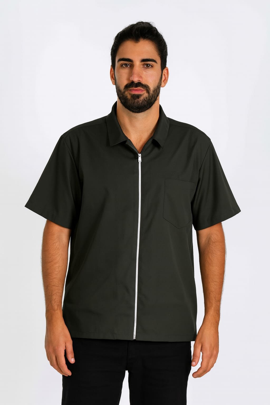 Men’s short-sleeve work shirt for cleaning and housekeeping uniforms, professional front view.