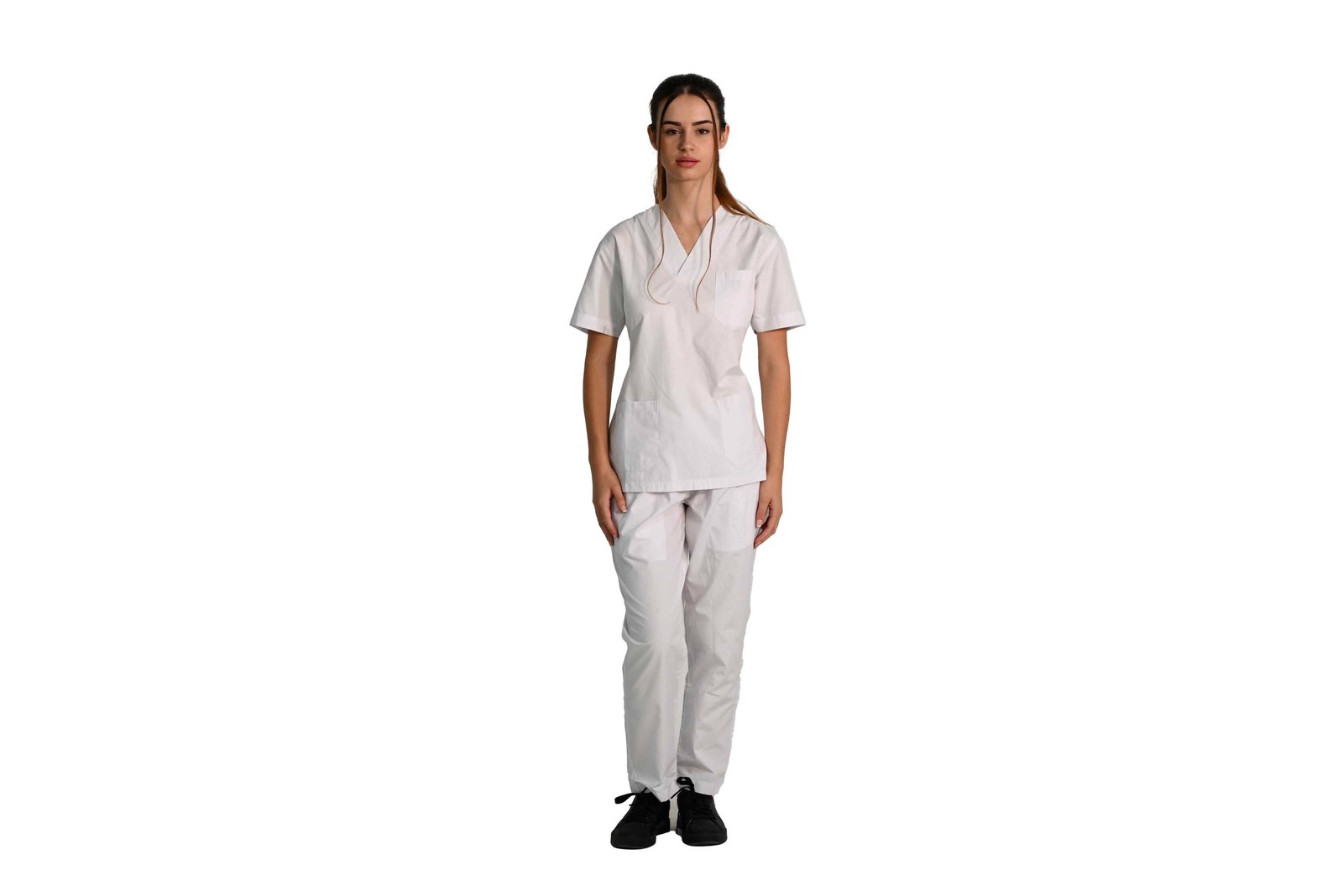 Healthcare uniform top with V-neck and short sleeves for clinical and care staff.