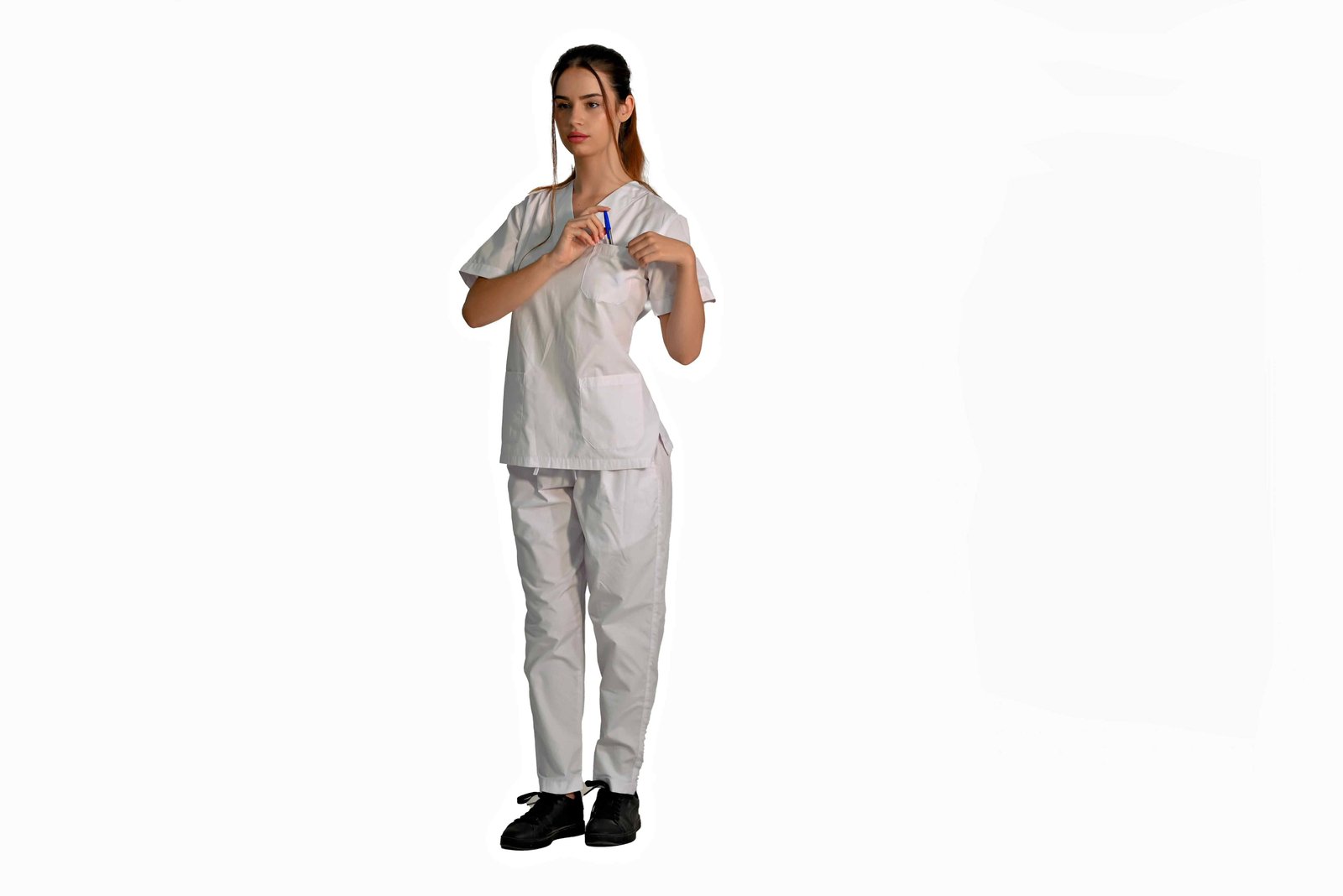 Healthcare uniform top with V-neck and short sleeves for clinical and care staff.